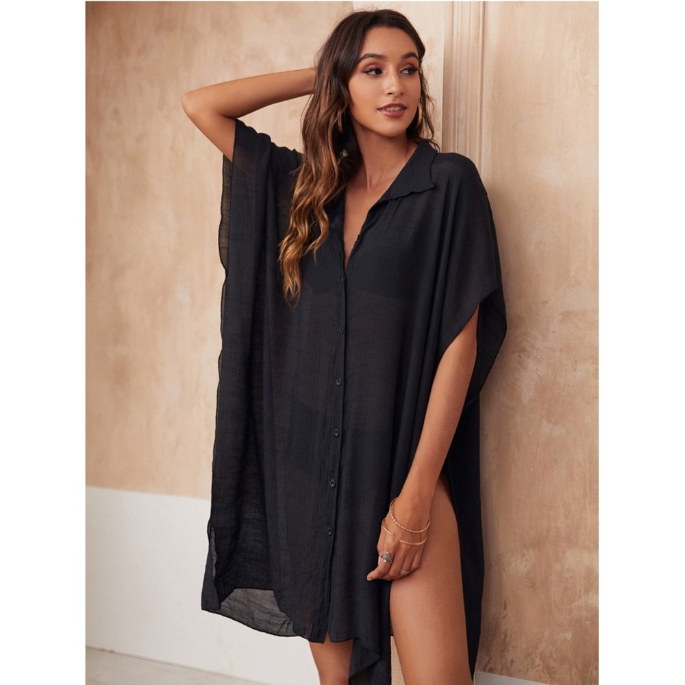 Black Beach Coverup Poncho Style Shirt - Picture 6 of 11
